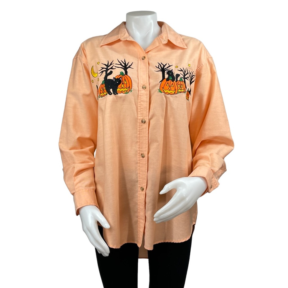 🎃VTG Halloween Embroidered Black Cat & Jack-O-Lantern Button Down Shirt🎃